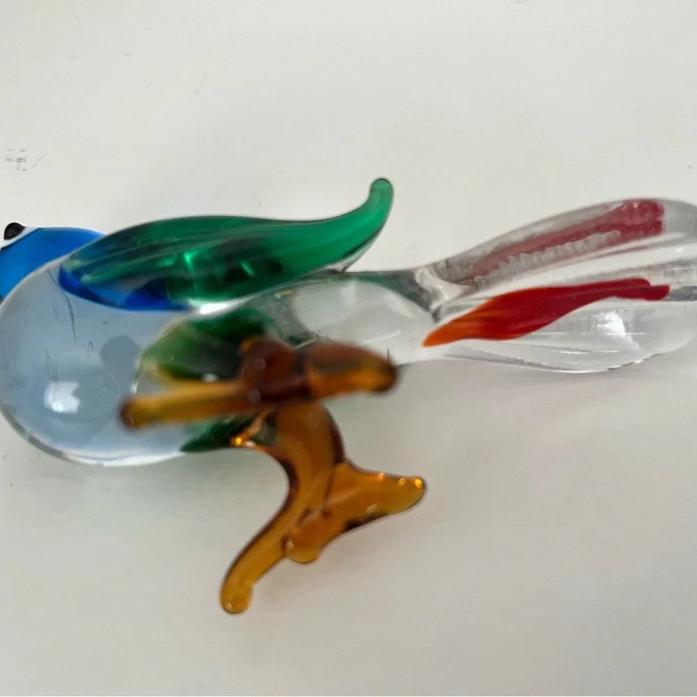 Colorful Glass Bird Figurine Blue/Red/Green/Brown FLAW: Tail tip roughness
